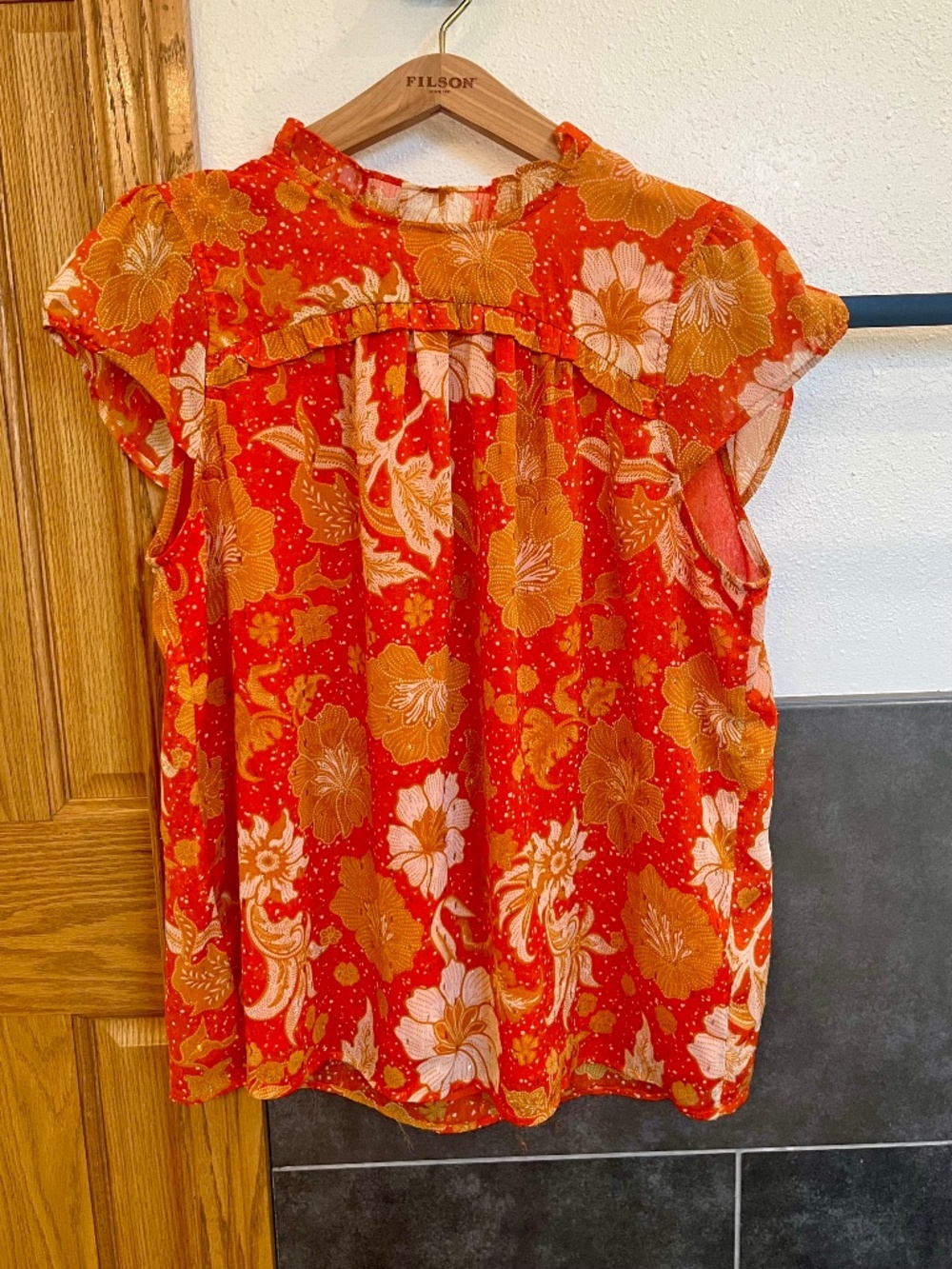 Joie Orange Gold Floral Ruffle Neck Short Sleeve Blouse Top Size Large